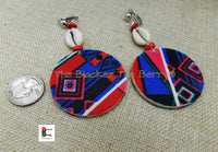 African Clip On Earrings Ankara Jewelry Red Blue Beaded Cowrie Handmade Black Owned