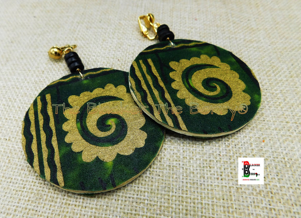 African Clip On Earrings Ankara Jewelry Green Black Gold Beaded Cowrie Handmade Black Owned