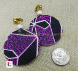African Clip On Earrings Ankara Jewelry Purple White Beaded Handmade Black Owned