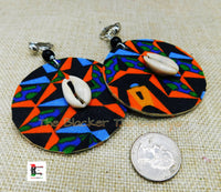 African Clip On Earrings Ankara Jewelry Orange Blue Black Beaded Cowrie Handmade Black Owned