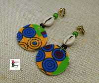 African Clip On Earrings Ankara Jewelry Green Black Blue Beaded Cowrie Handmade Black Owned