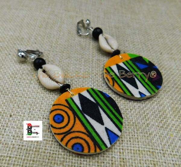 African Clip On Earrings Ankara Afrocentric Ethnic Jewelry Green Black Blue Beaded Cowrie Handmade Black Owned