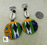 African Clip On Earrings Ankara Afrocentric Ethnic Jewelry Green Black Blue Beaded Cowrie Handmade Black Owned