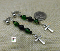 African Silver Ankh Clip On Earrings Black  Green Handmade Black Owned Women Jewelry