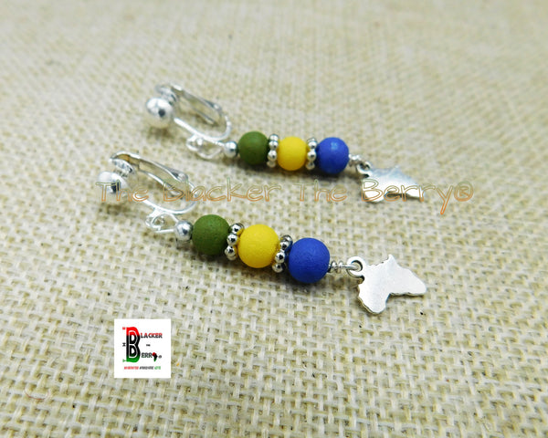 Small Africa Clip On Earrings Beaded Yellow Green Blue Antique Silver Jewelry