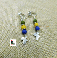 Small Africa Clip On Earrings Beaded Yellow Green Blue Antique Silver Jewelry