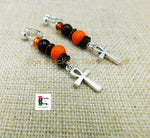Ankh Clip On Earrings Beaded Orange Brown Antique Silver Jewelry