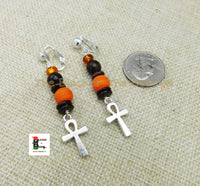 Ankh Clip On Earrings Beaded Orange Brown Antique Silver Jewelry