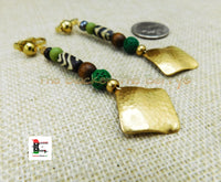 Brass Hammered Clip On Earrings Beaded Dangle Green Brown Women Ethnic Jewelry Black Owned