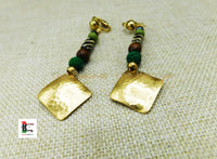 Brass Hammered Clip On Earrings Beaded Dangle Green Brown Women Ethnic Jewelry Black Owned