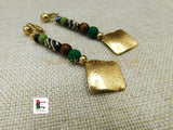 Brass Hammered Clip On Earrings Beaded Dangle Green Brown Women Ethnic Jewelry Black Owned