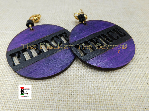 Fierce Wooden Clip On Earrings Purple Black Jamaican Handmade Hand Painted Jewelry