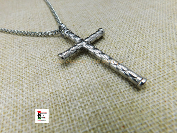 Silver Christian Cross Stainless Steel Jewelry Large Religious Men Necklace 24 Inches