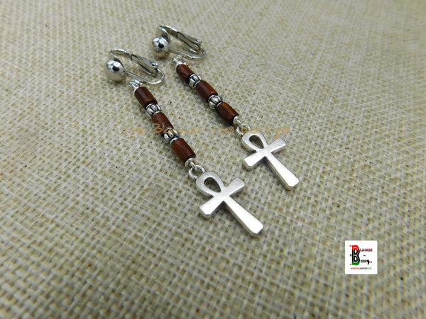 Ankh Clip On Earrings Beaded Small Antique Silver Jewelry Non Pierced Black Owned