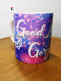 Good Morning Gorgeous Mug Cup Afrocentric Purple Pink White Handmade Black Owned Business