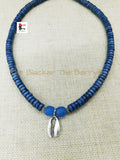 Small Silver Cowrie Necklace Deep Blue Beaded Jewelry Handmade