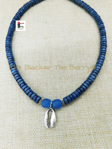 Small Silver Cowrie Necklace Deep Blue Beaded Jewelry Handmade