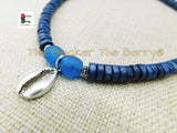 Small Silver Cowrie Necklace Deep Blue Beaded Jewelry Handmade