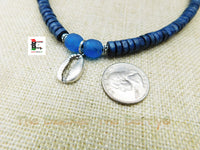 Small Silver Cowrie Necklace Deep Blue Beaded Jewelry Handmade