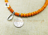 Small Silver Cowrie Necklace Orange Beaded Jewelry Handmade