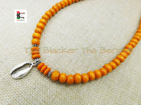 Small Silver Cowrie Necklace Orange Beaded Jewelry Handmade