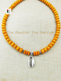 Small Silver Cowrie Necklace Orange Beaded Jewelry Handmade