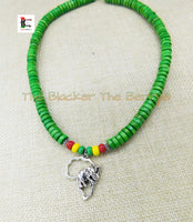 Silver Africa Elephant Necklace Green Rasta Beaded Jewelry Handmade