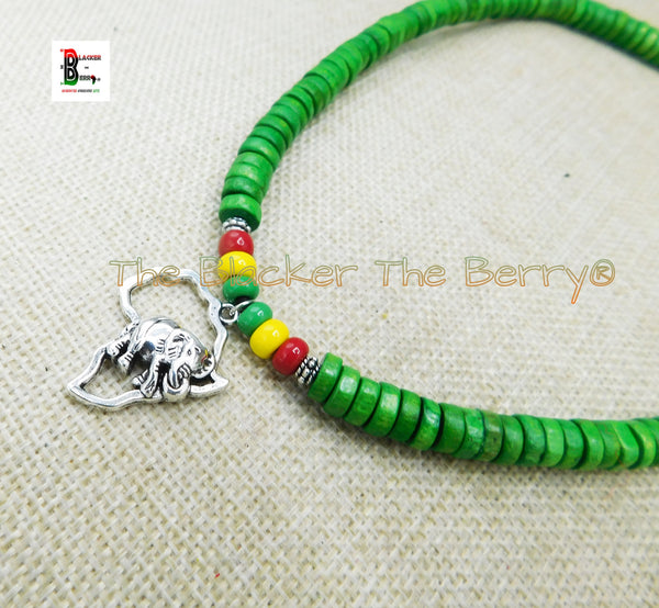 Silver Africa Elephant Necklace Green Rasta Beaded Jewelry Handmade