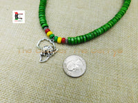 Silver Africa Elephant Necklace Green Rasta Beaded Jewelry Handmade