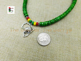 Silver Africa Elephant Necklace Green Rasta Beaded Jewelry Handmade