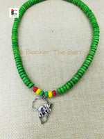 Silver Africa Elephant Necklace Green Rasta Beaded Jewelry Handmade