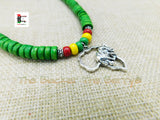 Silver Africa Elephant Necklace Green Rasta Beaded Jewelry Handmade
