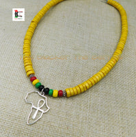 Silver Africa Ankh Necklace Yellow Beaded Rasta Jewelry Handmade