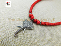 Silver Elephant Necklace Red Beaded Jewelry Handmade