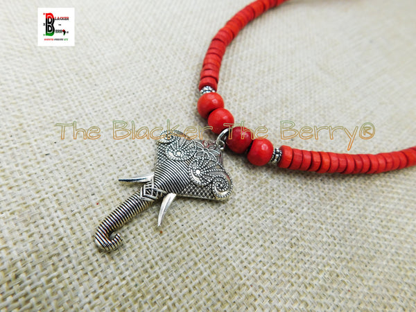 Silver Elephant Necklace Red Beaded Jewelry Handmade