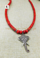 Silver Elephant Necklace Red Beaded Jewelry Handmade
