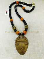 Men Tribal Jewelry African Face Necklaces Brass Black Orange Beaded Gifts Ideas for Him