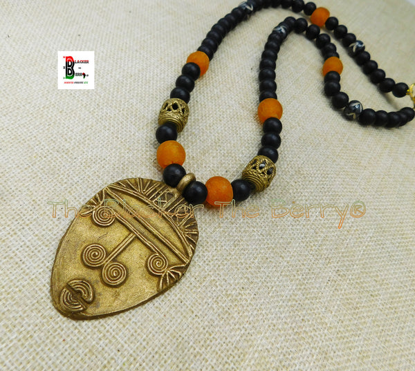 Men Tribal Jewelry African Face Necklaces Brass Black Orange Beaded Gifts Ideas for Him