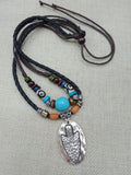 Silver Spear Head Leather Multi Strand Adjustable Necklace