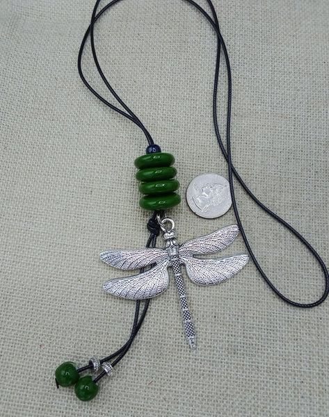 Silver Dragonfly Necklaces Green Beaded Long