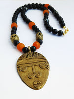 Men Tribal Jewelry African Face Necklaces Brass Black Orange Beaded Gifts Ideas for Him