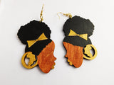 African Earrings Black Woman Silhouette Hand Painted Wooden Gold Black Ethnic Jewelry