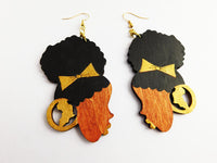 African Earrings Black Woman Silhouette Hand Painted Wooden Gold Black Ethnic Jewelry