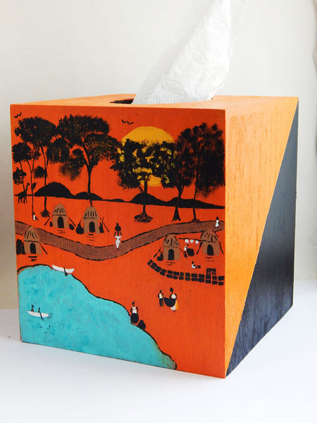 African  Village Tissue Box Cover Wooden  Home Decor