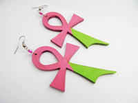 Ankh Earrings Wooden Jewelry Pink Green Hand Painted Handmade