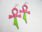 Ankh Earrings Wooden Jewelry Pink Green Hand Painted Handmade