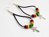 Ankh Bracelet Rasta Bangle Leather Earrings Jewelry Set