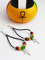 Ankh Bracelet Rasta Bangle Leather Earrings Jewelry Set