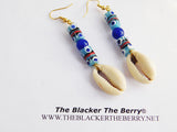 African Earrings Blue Beaded Ethnic Jewelry Cowrie Shell