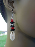 Cowrie Shell Earrings African Beaded Ethnic Red